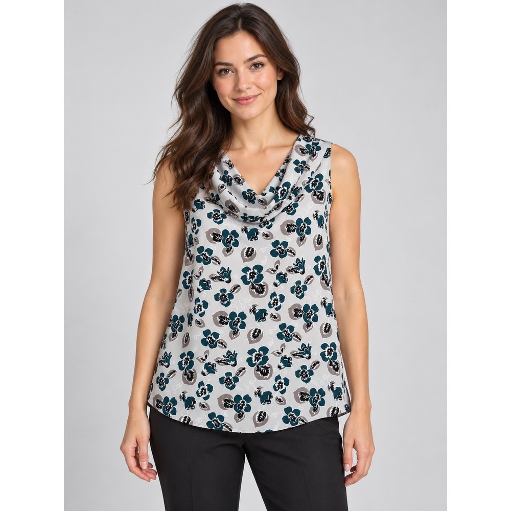 Ann Taylor Factory Floral Cowl Neck Sleeveless Blouse Teal Grey Small